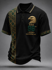 Retro-Style Saudi National Day Graphic Print Casual Polo Shirt