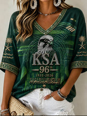 Women's Saudi Arabia's 96th National Day Mid-length Sleeves V-Neck T-Shirt