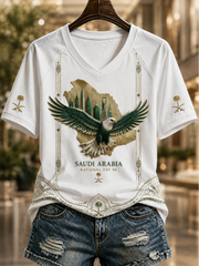 Women's Saudi Arabia National Day V-Neck Off-Shoulder Short-Sleeved T-Shirt