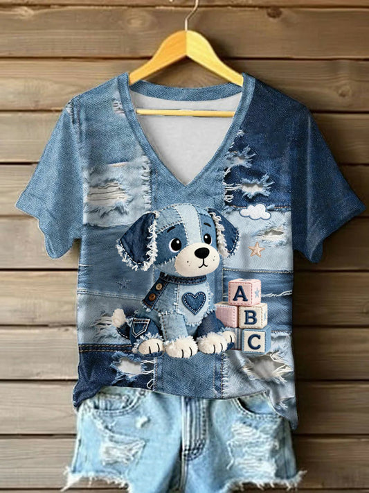 Women's Vintage Denim Dog Patchwork Printed T-shirt