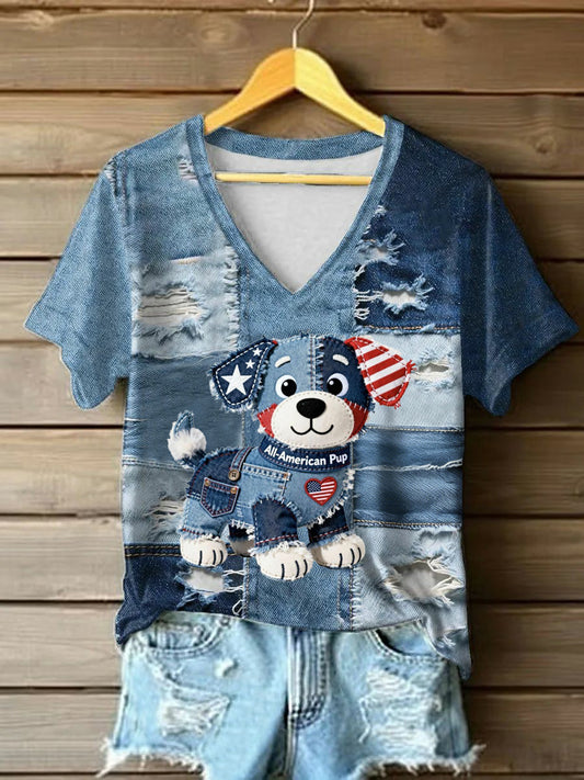Women's Vintage Denim Dog Patchwork Printed T-shirt