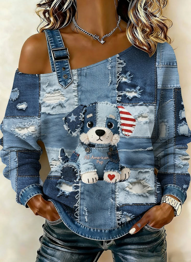 Women's Vintage Denim Dog Patchwork Print Casual Off-Shoulder Sweatshirt