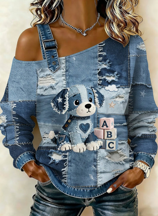 Women's Vintage Denim Dog Patchwork Print Casual Off-Shoulder Sweatshirt