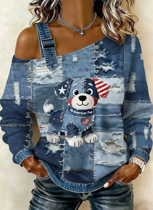 Women's Vintage Denim Dog Patchwork Print Casual Off-Shoulder Sweatshirt
