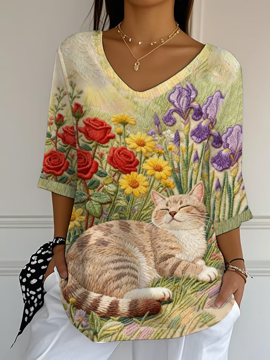 Women's Amusing Cat-Themed Flowers Print Top