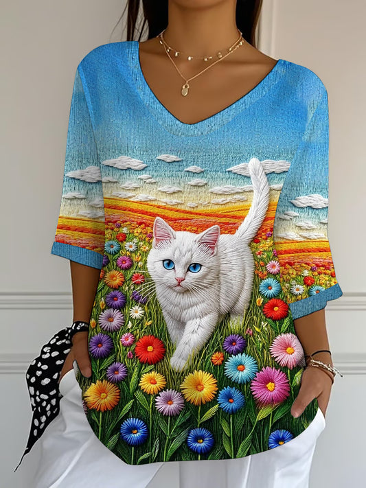 Women's Amusing Cat-Themed Flowers Print Top