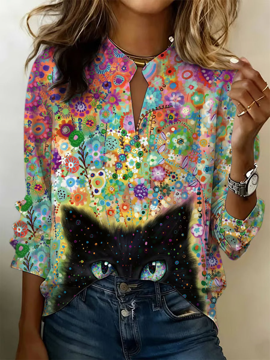 Women's Amusing Cat-Themed Flowers Print Linen  Long Sleeve Shirt