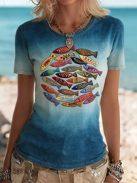 Retro Embroidered Fish Art Pattern Comfort T-Shirt