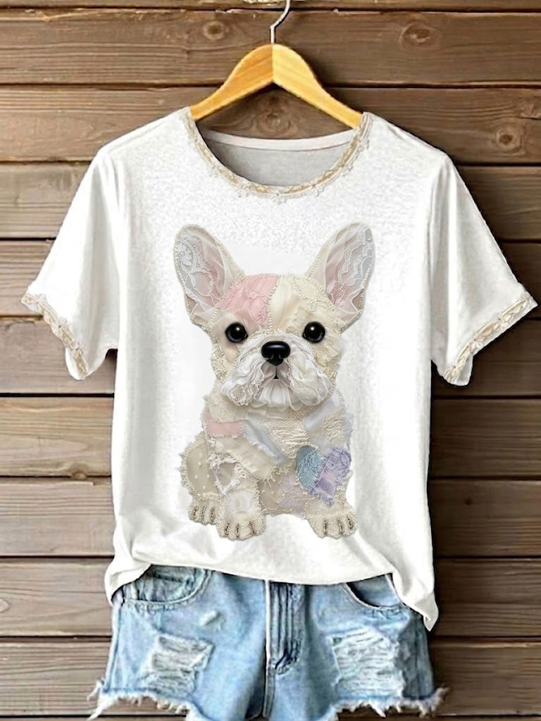 Women's Art Dog Lace Patchwork Printed T-shirt