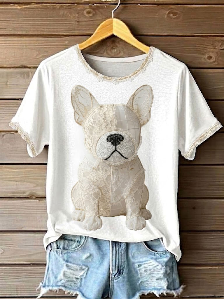 Women's Art Dog Lace Patchwork Printed T-shirt