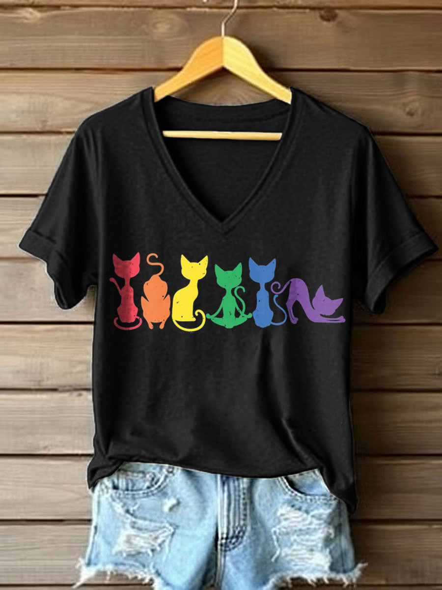 Women's Rainbow Colors Cat Print V-Neck T-Shirt