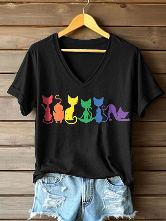 Women's Rainbow Colors Cat Print V-Neck T-Shirt