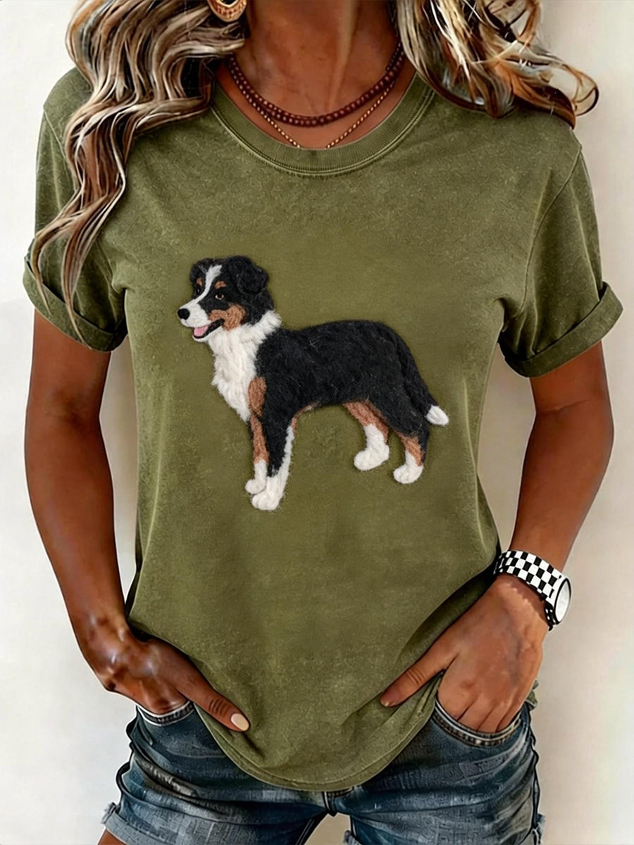 Women's Felt Art Dog Pattern T-Shirt