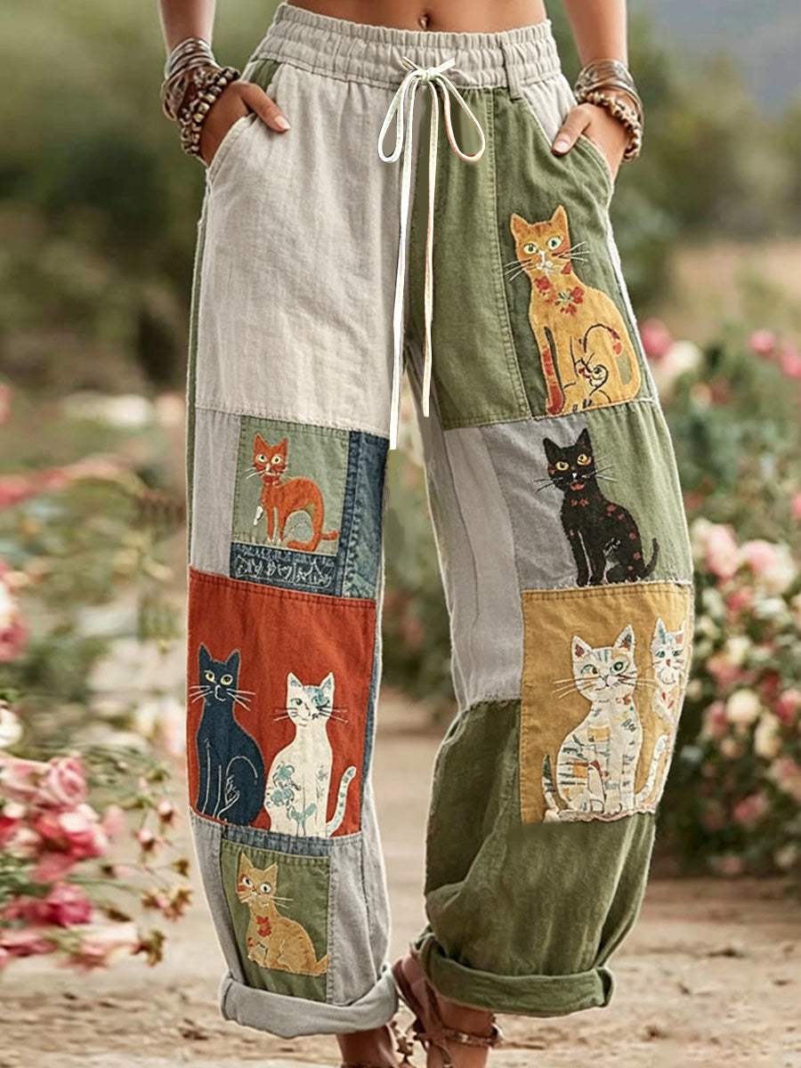 Women's Retro Cat Print Casual Pants