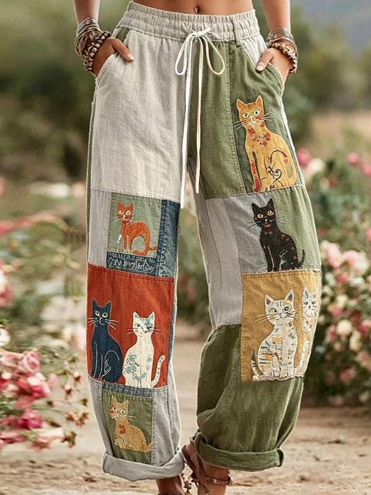 Women's Retro Cat Print Casual Pants