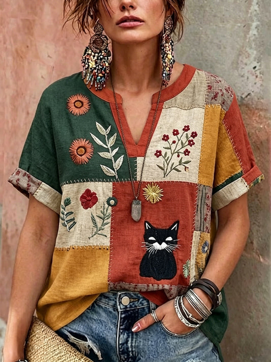 Women's Retro Floral Cat Print Casual V-Neck Shirt