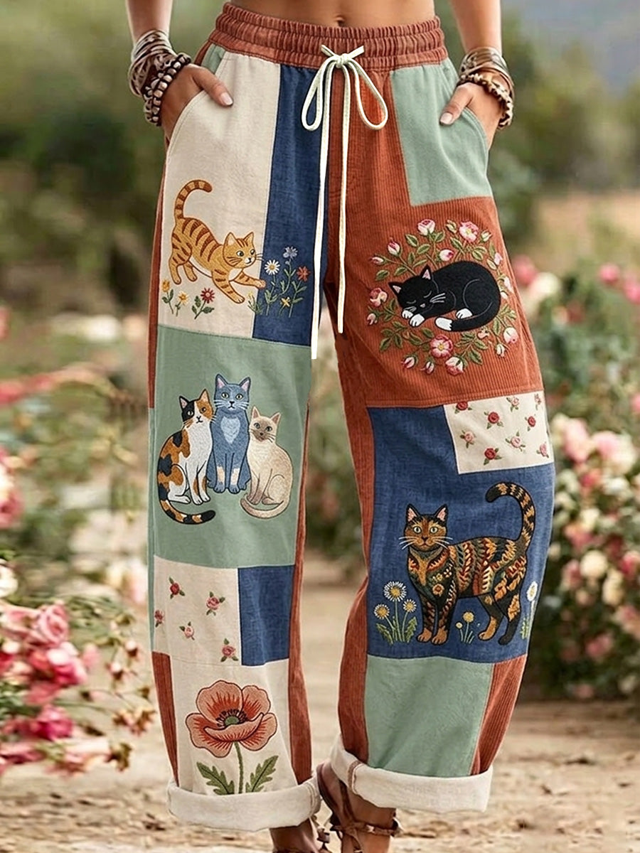Women's Retro Floral Cat Print Casual Pants