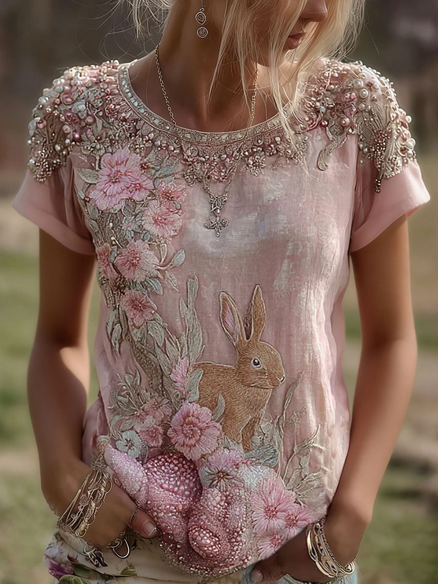 Women's Rabbit Floral Print Casual T-Shirt