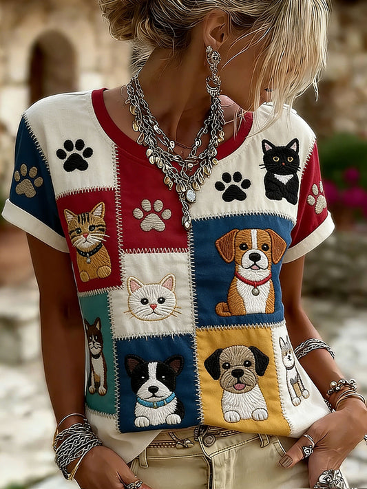 Women's Cat and Dog Print Casual T-Shirt