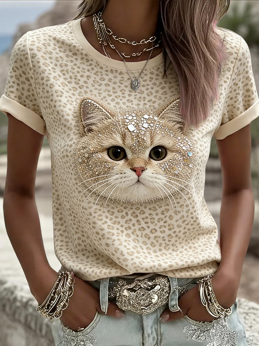 Women's Vintage Leopard Print Cat Art Casual T-Shirt