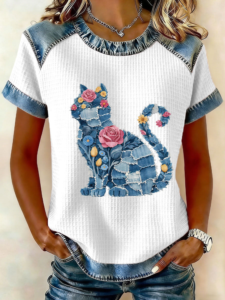 Women's Cat and Floral Print Casual T-Shirt