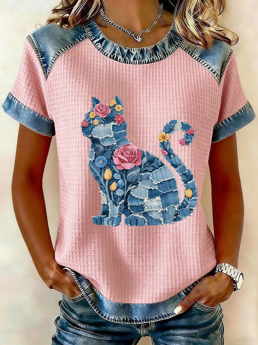 Women's Cat and Floral Print Casual T-Shirt