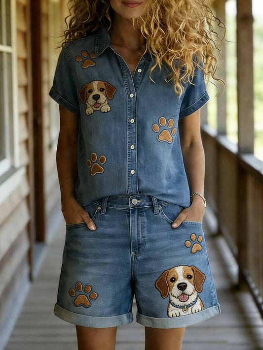 Women's Fashion Animal Print Casual Short Sleeve Shirt And Shorts Set