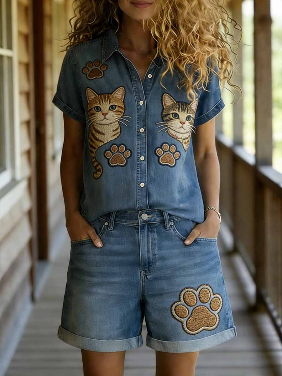Women's Fashion Animal Print Casual Short Sleeve Shirt And Shorts Set