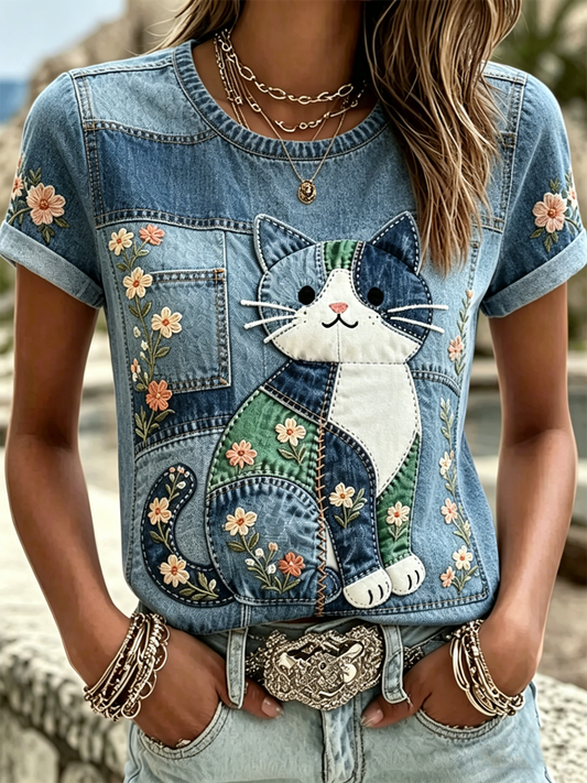 Women's Cat Print short-sleeved T-shirt