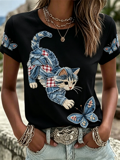 Women's Cat Print short-sleeved T-shirt