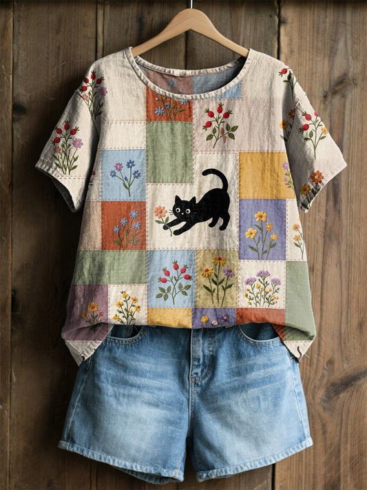 Women's Retro Floral Cats Print Casual Tee