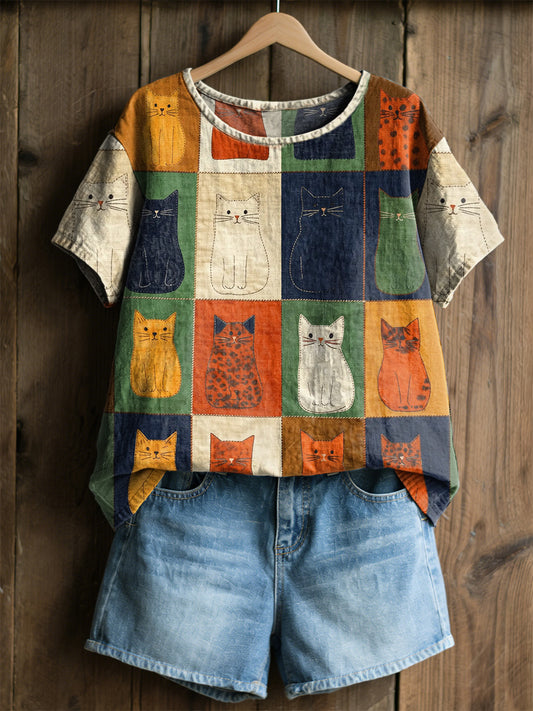 Women's Retro Cats Print Casual Tee