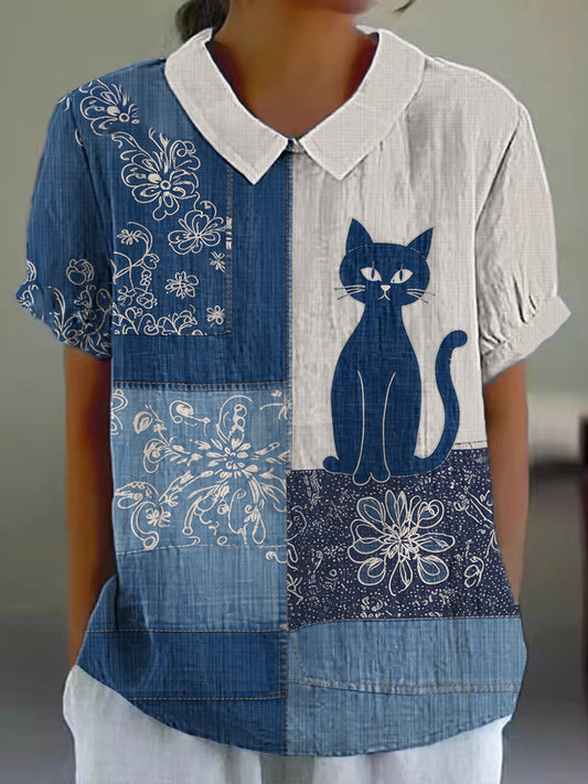 Women's Retro Floral Cats Print Casual Shirt