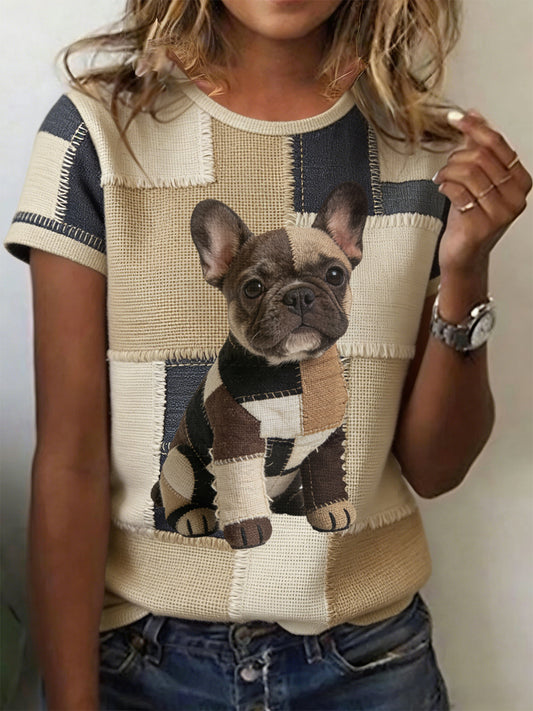 Women's Vintage Canvas Dog Patchwork Printed T-shirt