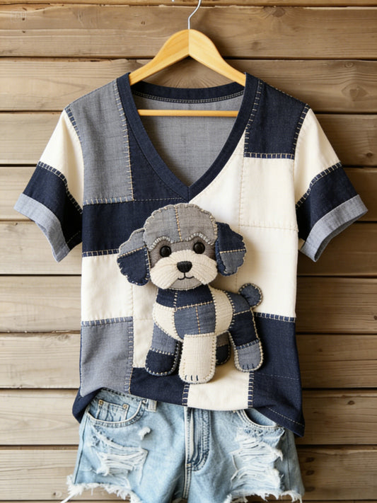 Women's Vintage Canvas Dog Patchwork Printed V-neck T-shirt