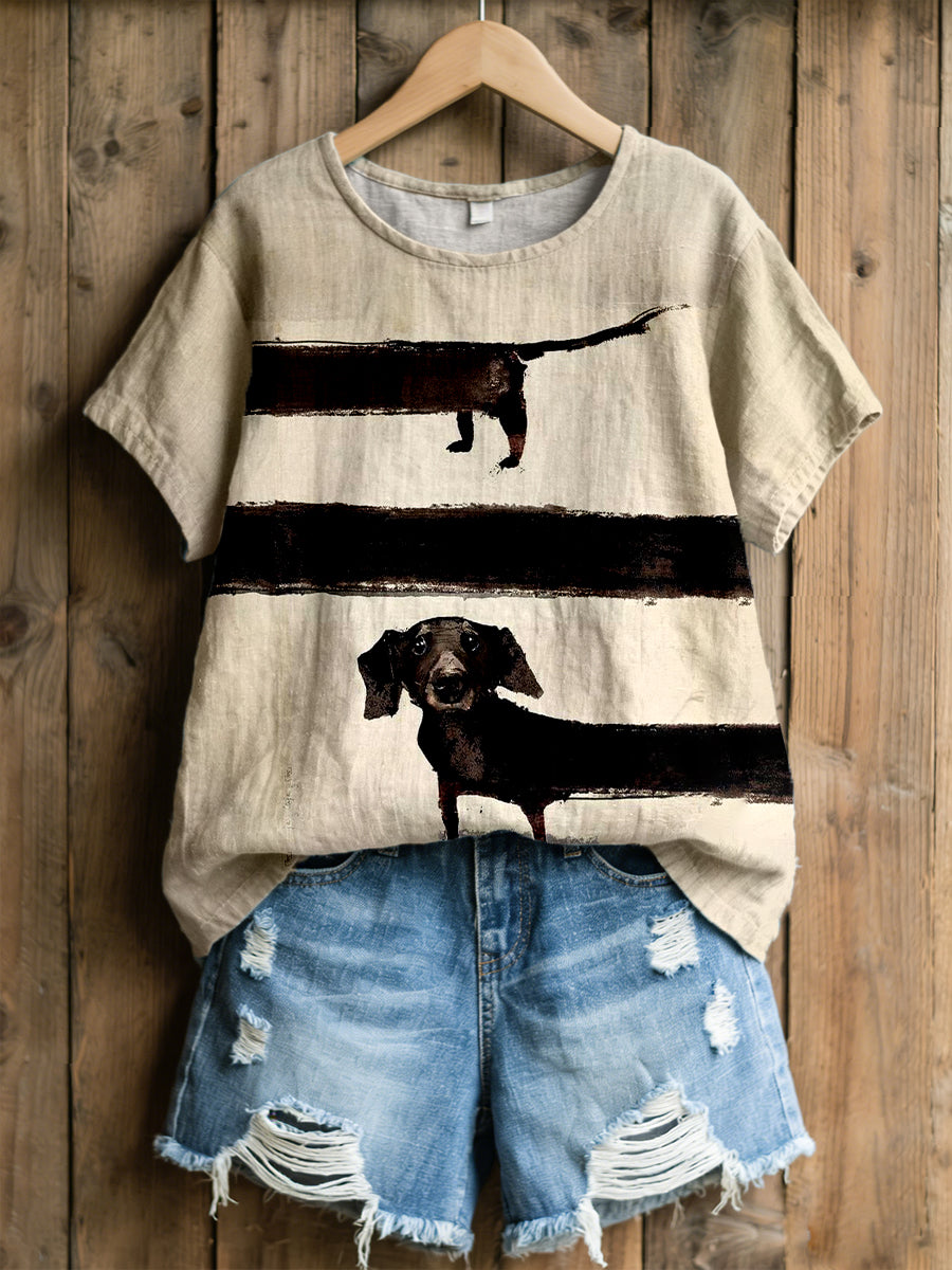 Women's Dachshund Art Print Linen Blend T-Shirt