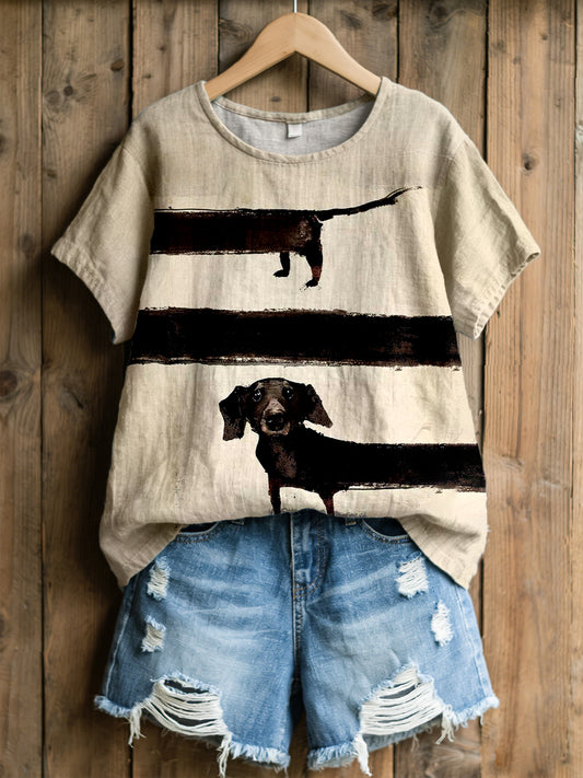Women's Dachshund Art Print Linen Blend T-Shirt
