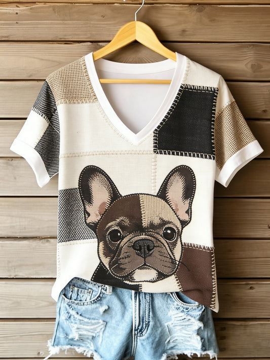 Women's Vintage Canvas Dog Patchwork Printed V-neck T-shirt