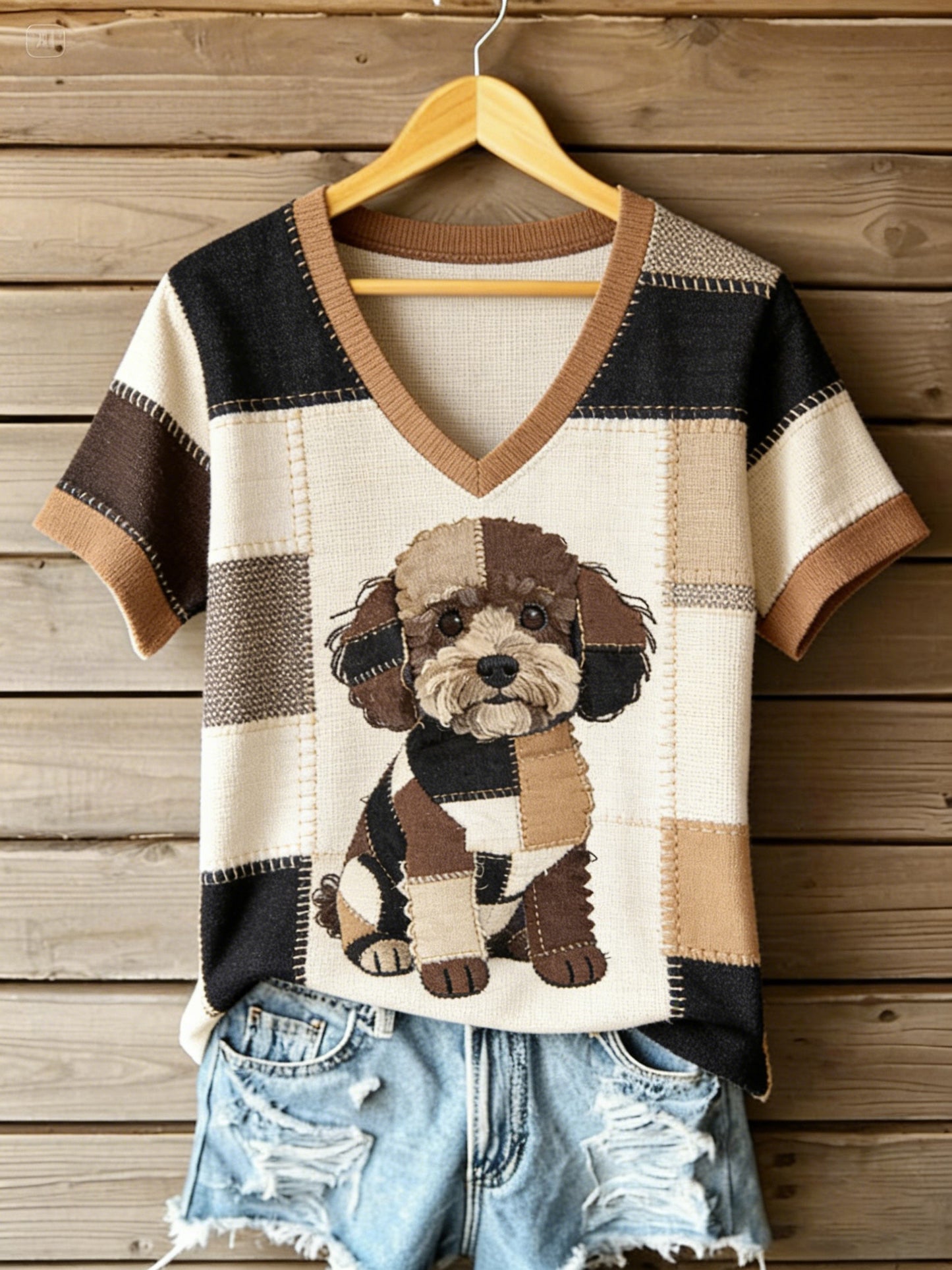 Women's Vintage Canvas Dog Patchwork Printed V-neck T-shirt