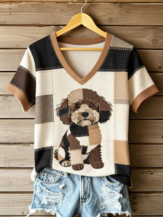Women's Vintage Canvas Dog Patchwork Printed V-neck T-shirt