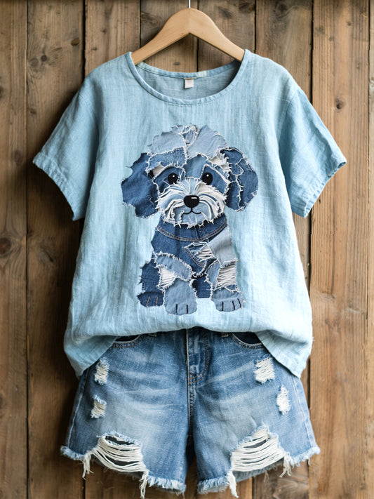 Women's Lovely Dog Denim Patchwork Pattern Linen Blend Shirt