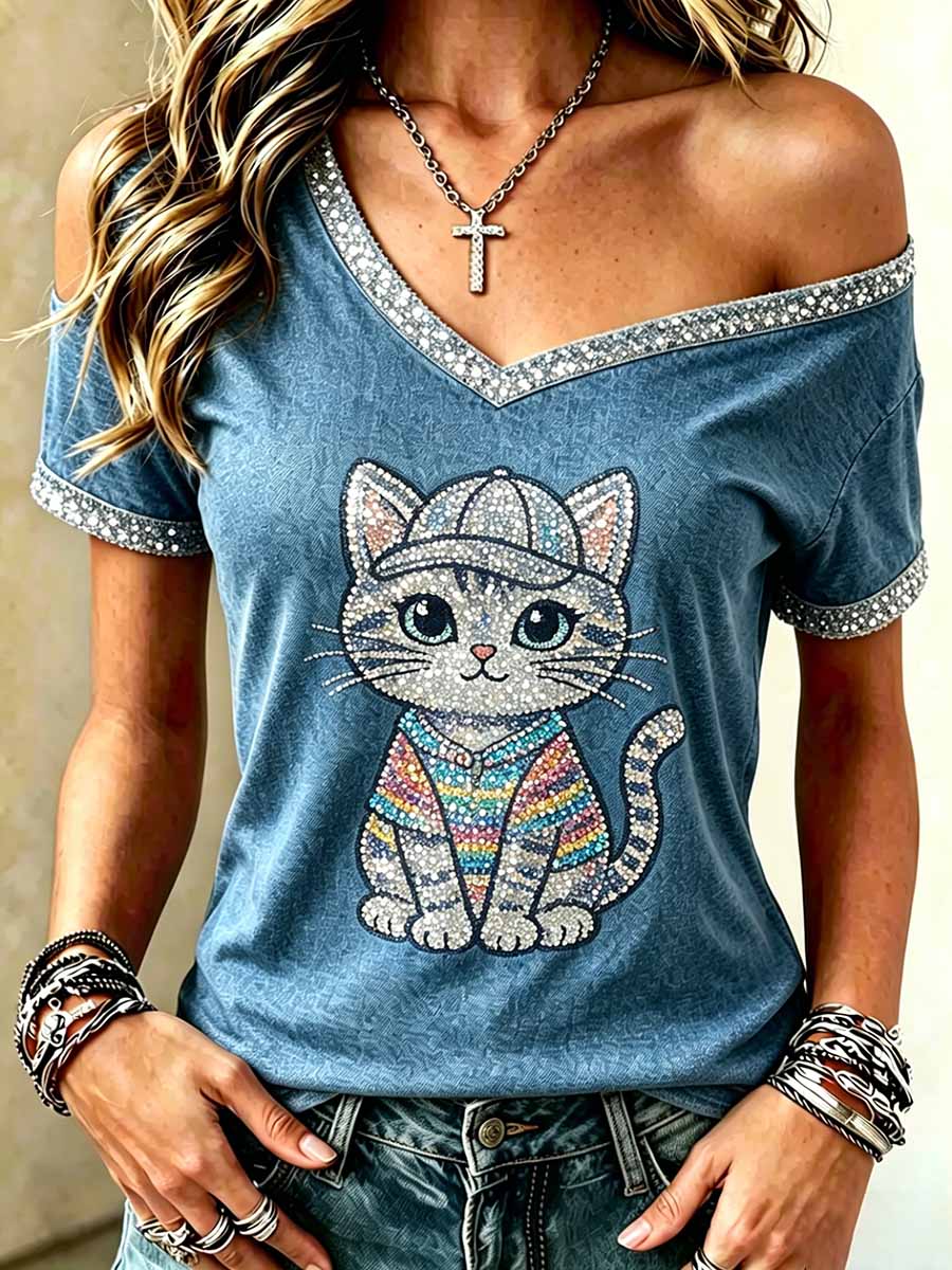 Women's Sequin Animal Print Casual Off-Shoulder Top