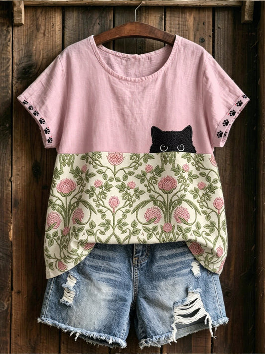 Women's Black Cat With Floral Graphic Casual Short Sleeve Linen Shirt