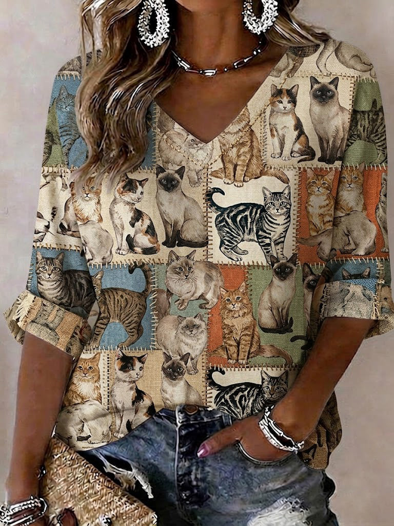 Women's Cat Printed Mid-length Sleeves V-Neck T-Shirt