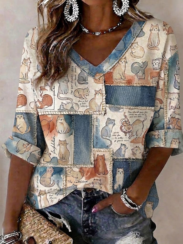 Women's Cat Printed Mid-length Sleeves V-Neck T-Shirt