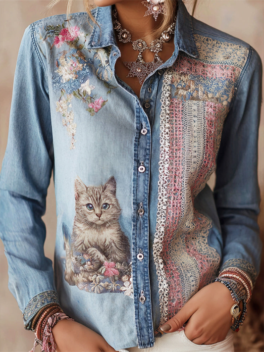 Women's Paw Print Floral Patchwork Shirts