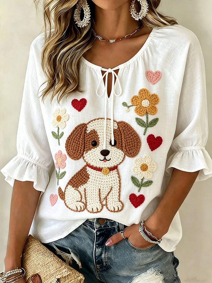 Women's Pom-Pom Animal Print V-Neck Puff Sleeve Top