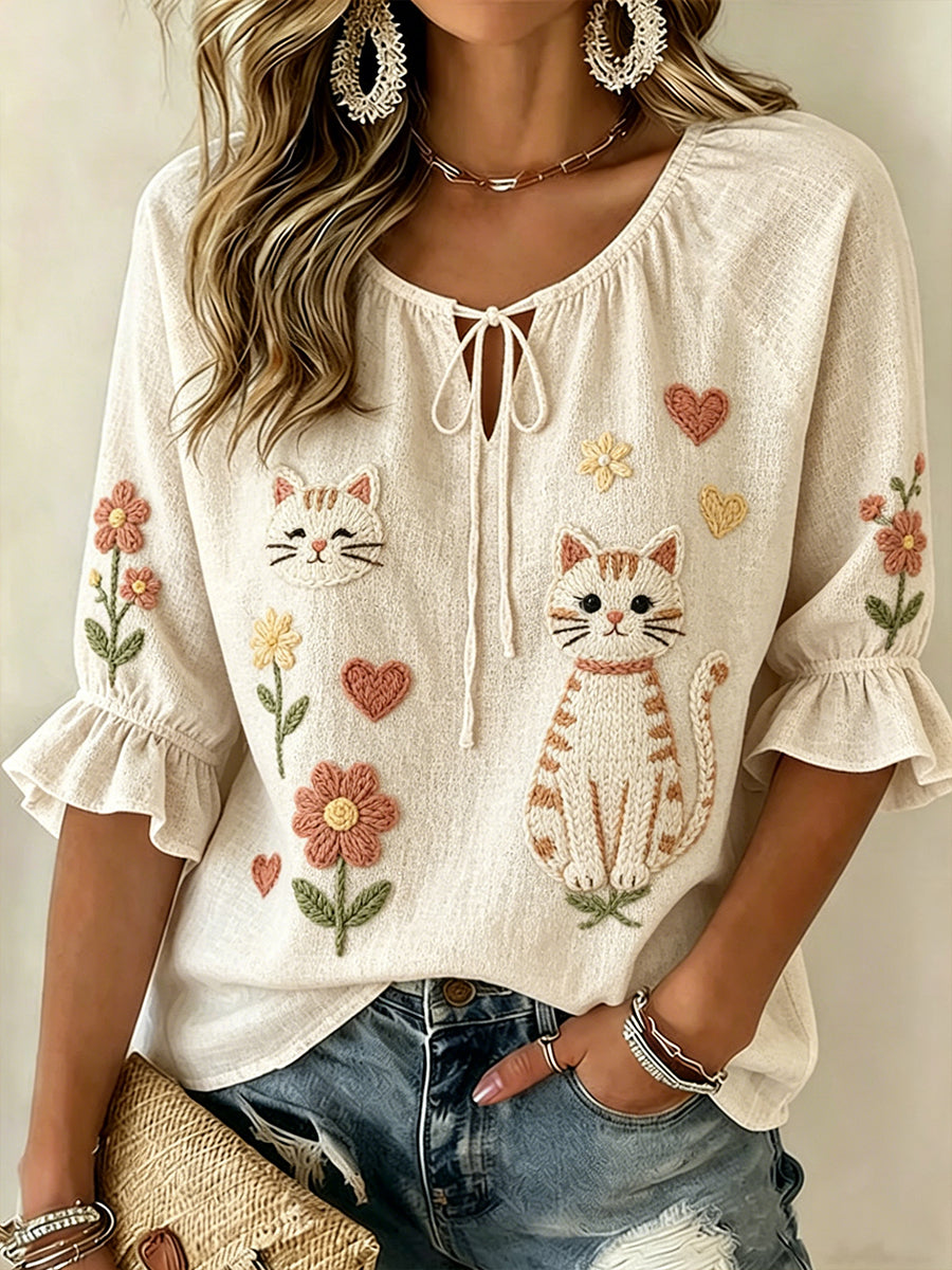 Women's Pom-Pom Animal Print V-Neck Puff Sleeve Top