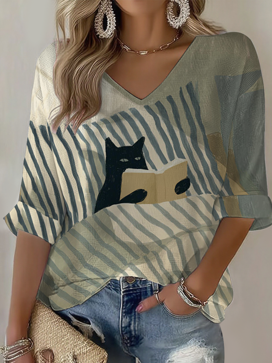 Women's Cute Cat Print Waffle T-shirt