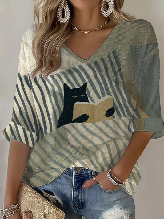 Women's Cute Cat Print Waffle T-shirt